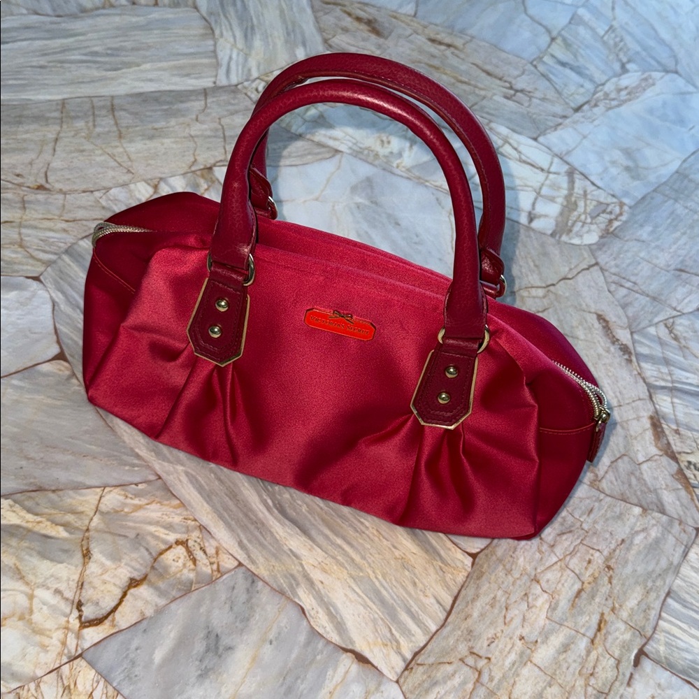 Victoria's Secret Red Satin Duffle Satchel Handbag Gold Accents